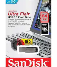 USB 3.0 SanDisk Ultra Flair USB 3.0 Flash Drive
Transfer a full-length movie in less than 30 seconds
Keep private files private with SanDisk SecureAccess software
64 GB
SPEED UP TO 150 MB/s*
USB 2.0 USB 3.0 UP TO 15 X FASTER
SanDisk