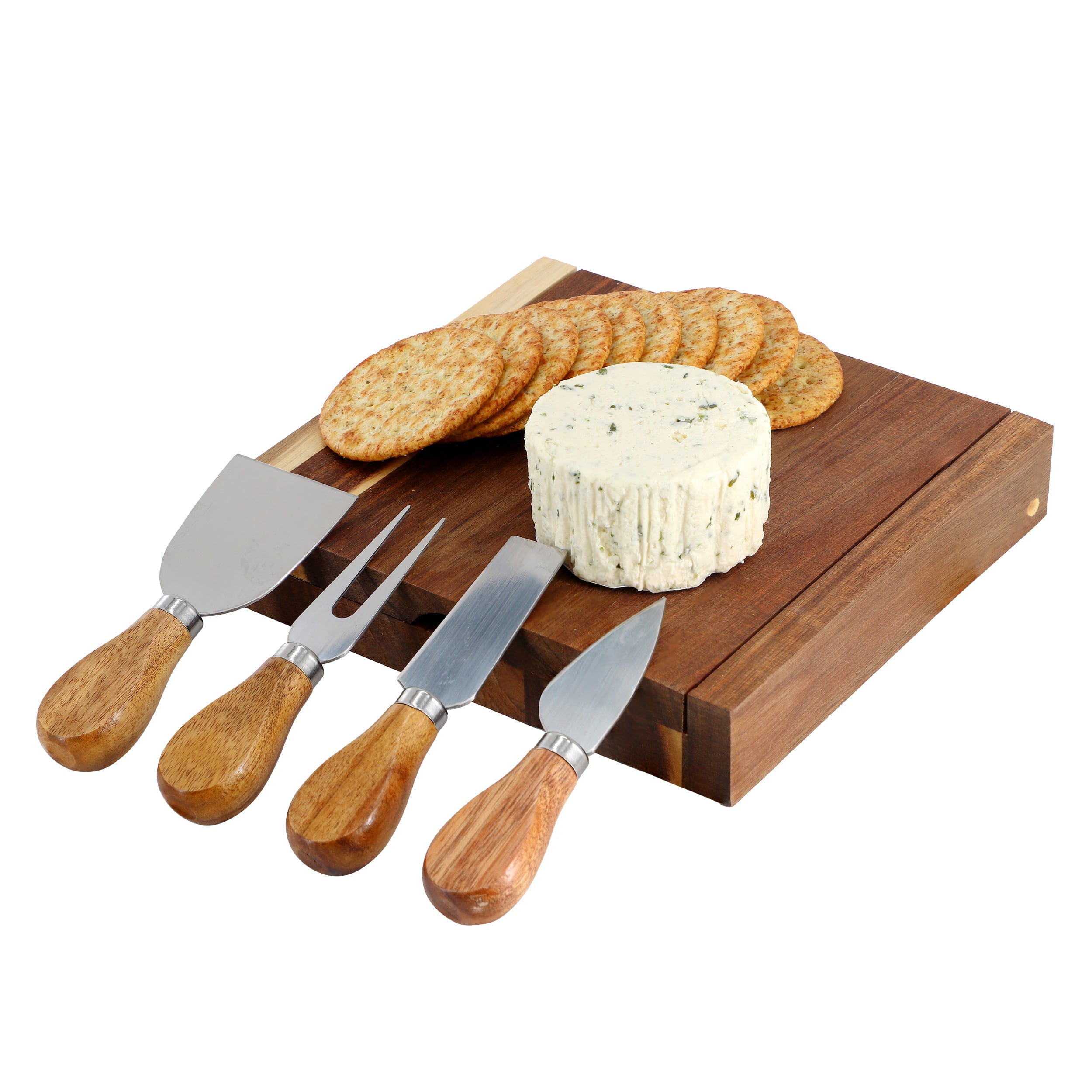 MegaChef - Acacia Wood 5 Piece Square Cheese Board with Knife Set - Brown