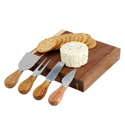 Front. MegaChef - MegaChef Acacia Wood 5 Piece Square Cheese Board with Knife Set - Brown.