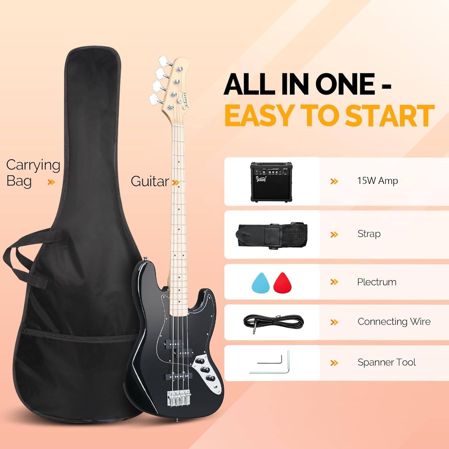 ALL IN ONE - EASY TO START

Carrying Bag >> Guitar S  
15W Amp > Strap > Plectrum  
Connecting Wire > Spanner Tool