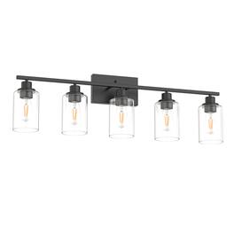 Jandcase - 35 in. 5-Light Matte Black Industrial Bathroom Vanity Light with Clear Glass Shades