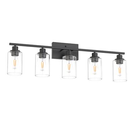 Front. Jandcase - 35 in. 5-Light Matte Black Industrial Bathroom Vanity Light with Clear Glass Shades.
