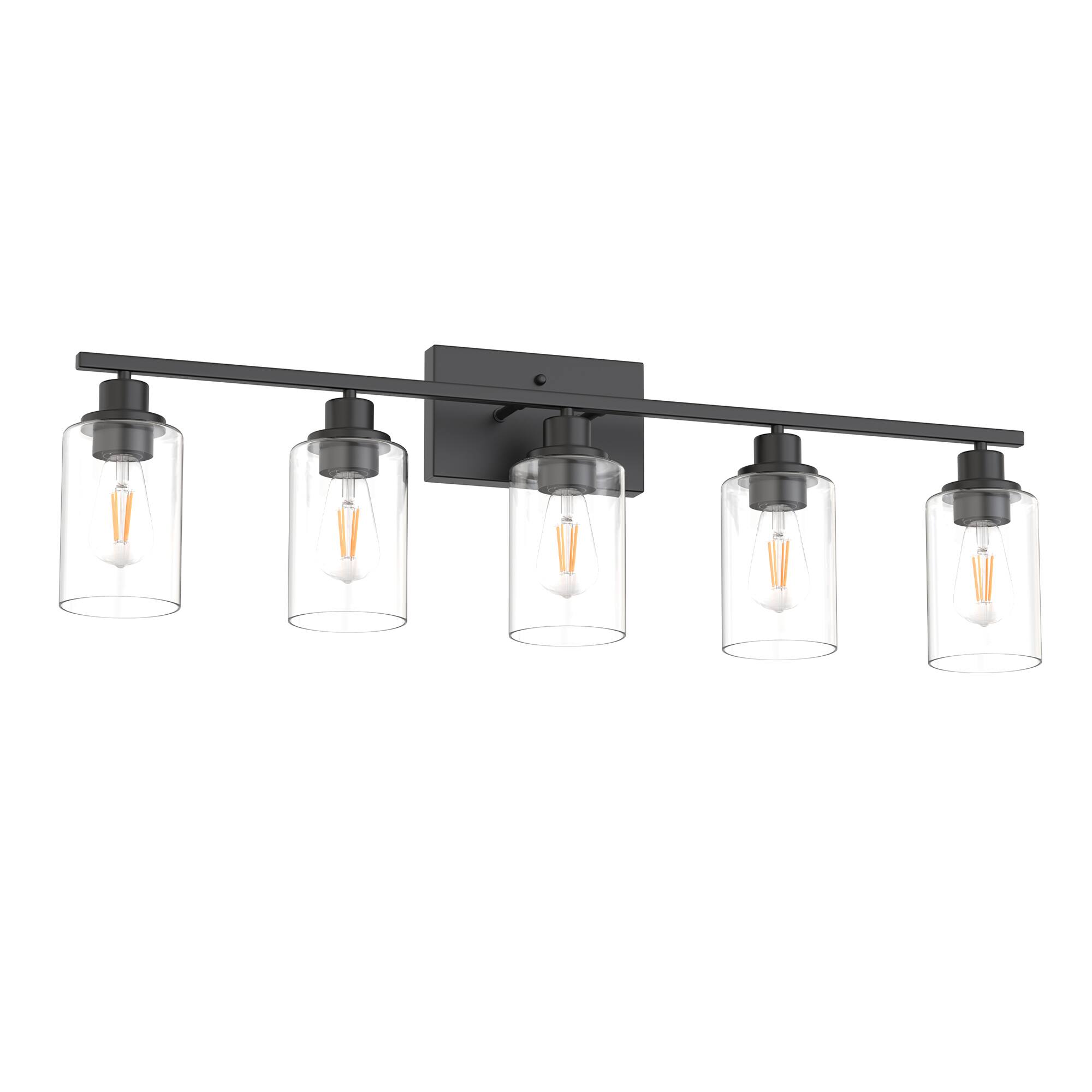 Front. Jandcase - 35 in. 5-Light Matte Black Industrial Bathroom Vanity Light with Clear Glass Shades.