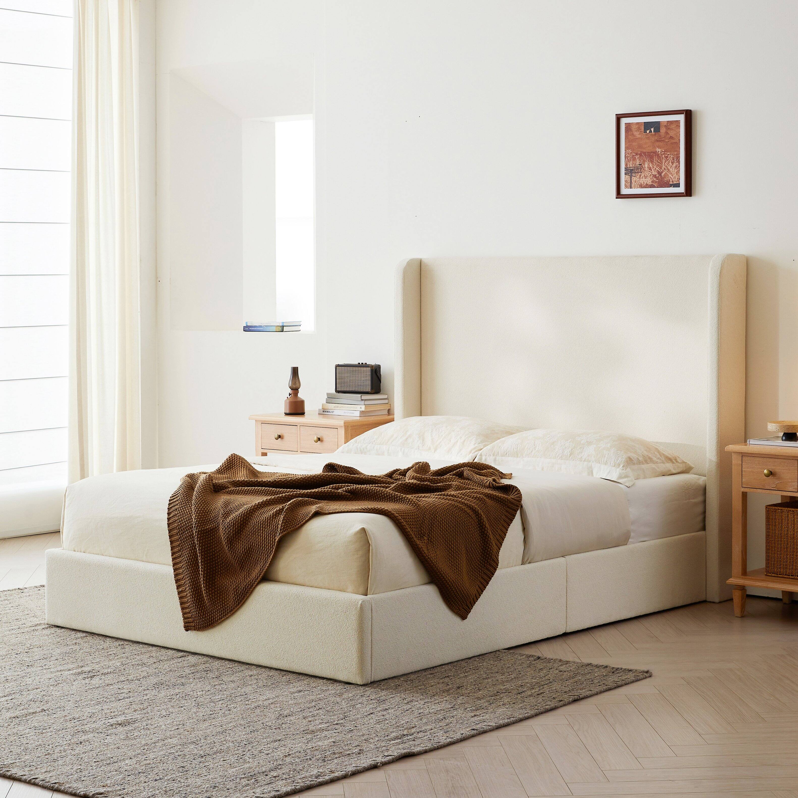 Left. Anysun - King Wingback Platform Bed - Boucle, 52.3" High Headboard, No Box Spring, Easy Assembly & No Noise. - Ivory.