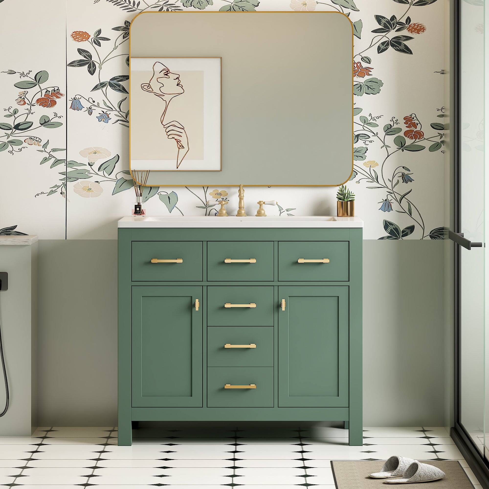 Alt View 1. Boyel Living - 36 Inch Modern Bathroom Vanity with Ceramic Sink Four Drawers Two Cabinets Green - Green.