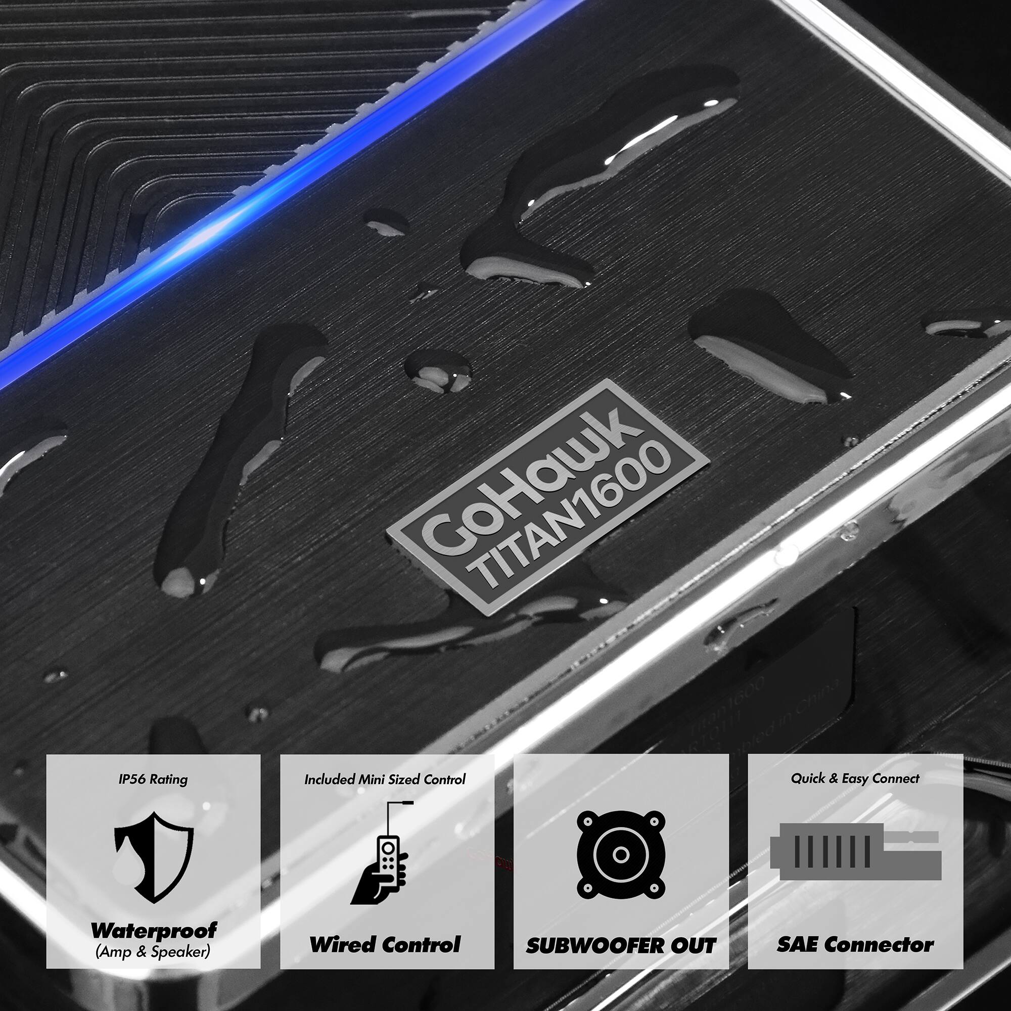 GoHawk IP56 Rating Included Mini Sized Control Quick & Easy Connect Waterproof (Amp & Speaker) Wired Control SUBWOOFER OUT SAE Connector