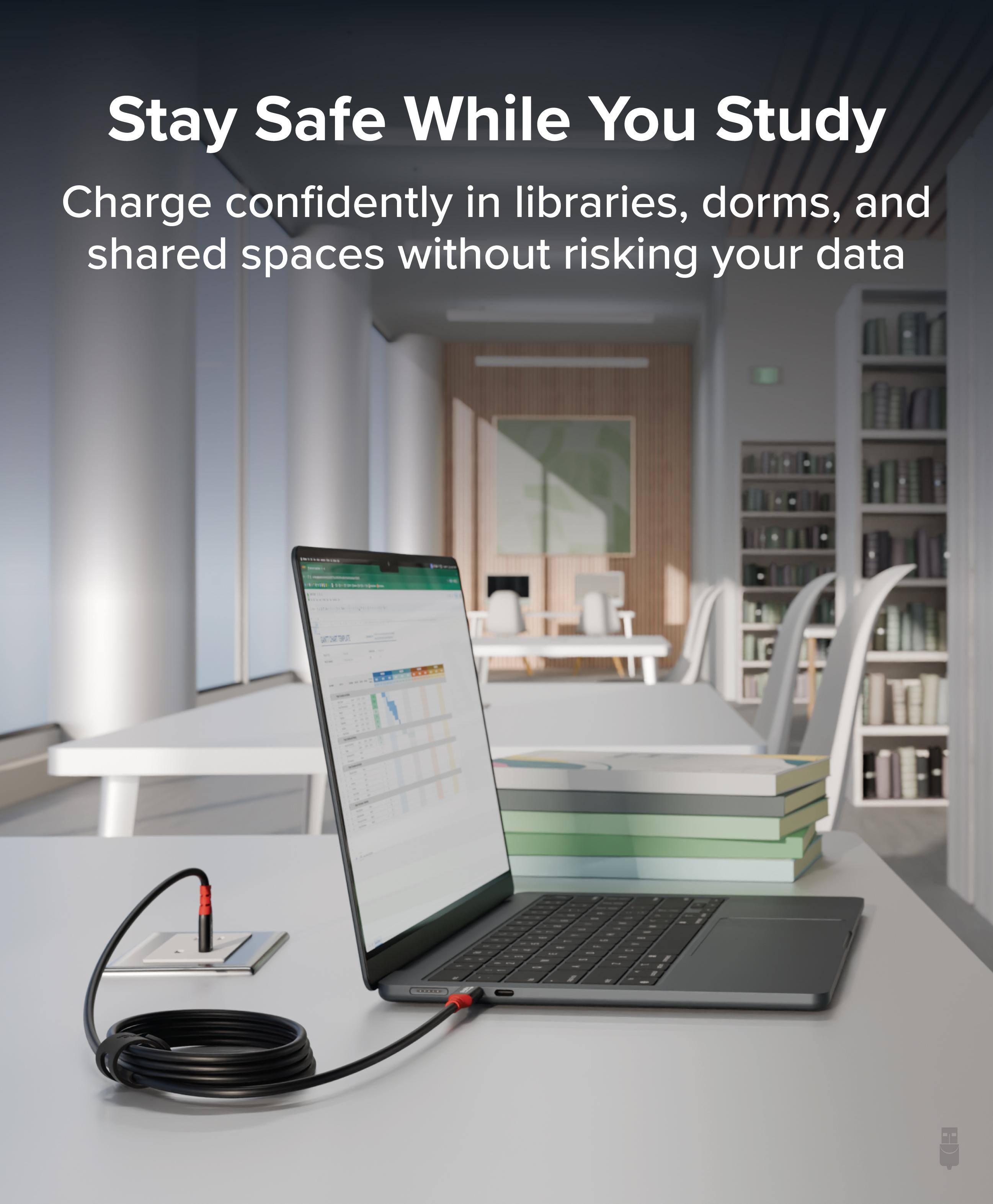 Stay Safe While You Study

Charge confidently in libraries, dorms, and shared spaces without risking your data