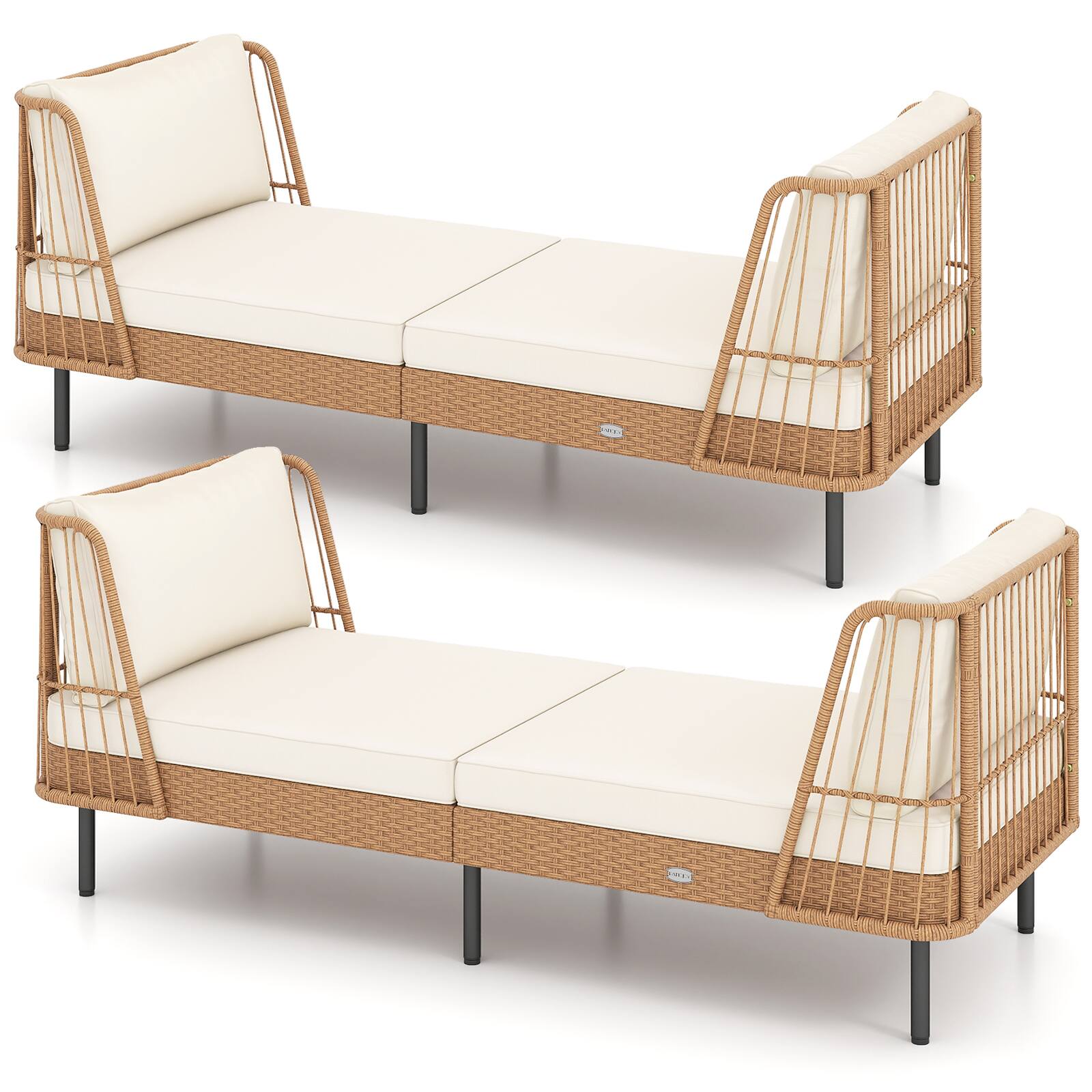 Gymax - 2PCS Patio Wicker Daybed w/Seat Back Cushions Robust Metal Legs For Backyard - White