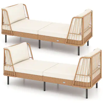 Front. Gymax - Gymax 2PCS Patio Wicker Daybed w/Seat Back Cushions Robust Metal Legs For Backyard - White.