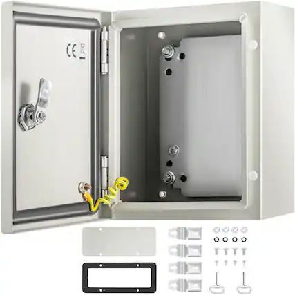Front. VEVOR - NEMA Metal Case, 10 x 8 x 6 in, NEMA 4X Metal Electric Enclosure, IP66 Water & Dust Resistant, Suitable for Both Outdoor - Gray White.