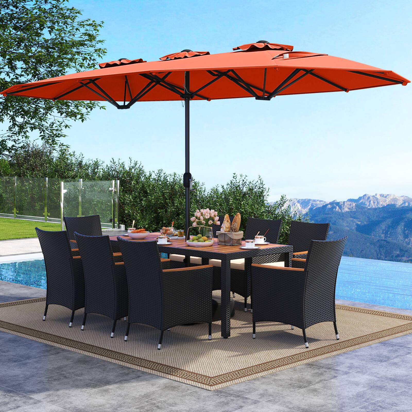 Alt View 1. Costway - Costway 11 PCS Patio Wicker Dining Set with Double-Sided Outdoor Umbrella 8 Stackable Chairs - Orange,White.