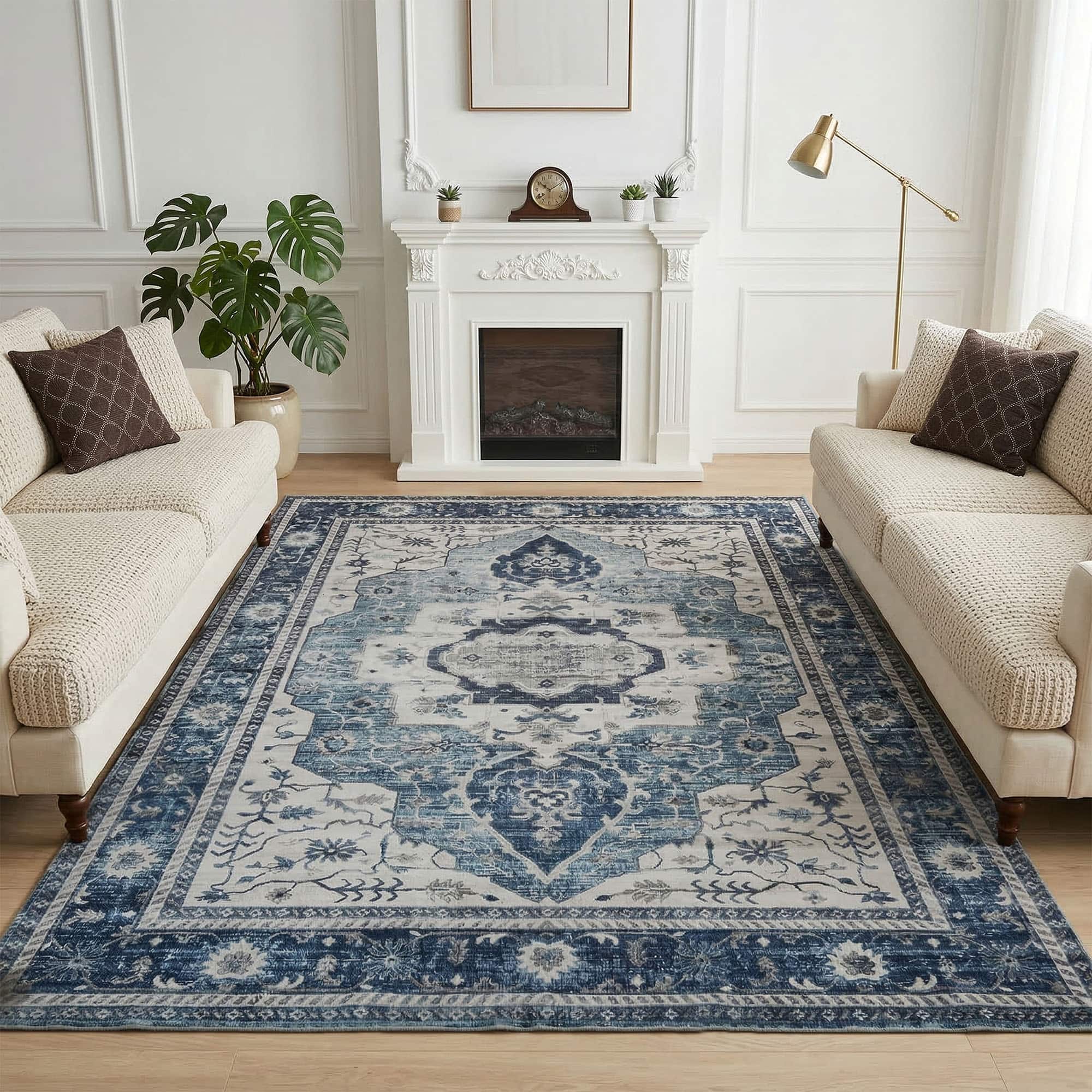 Front. RYHNUYNE - 8x10 Area Rugs Living Room Rug, Washable Vintage Medallion Rug, Soft Carpet for Dining Room Bedroom Home Office(Blue) - Blue.