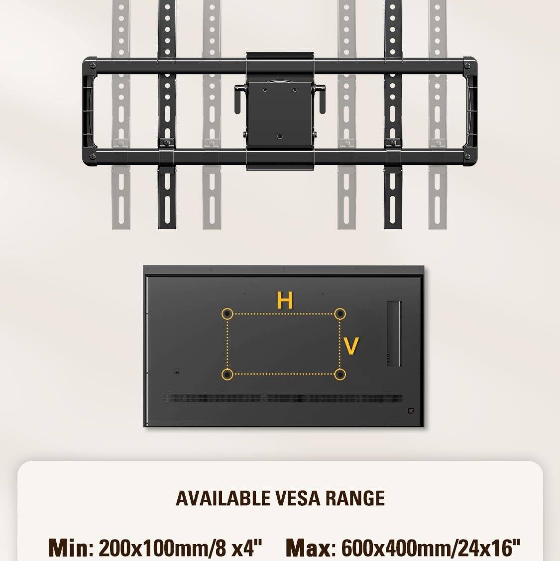AVAILABLE VESA RANGE

Min: 200x100mm/8 x4"

Max: 600x400mm/24x16"