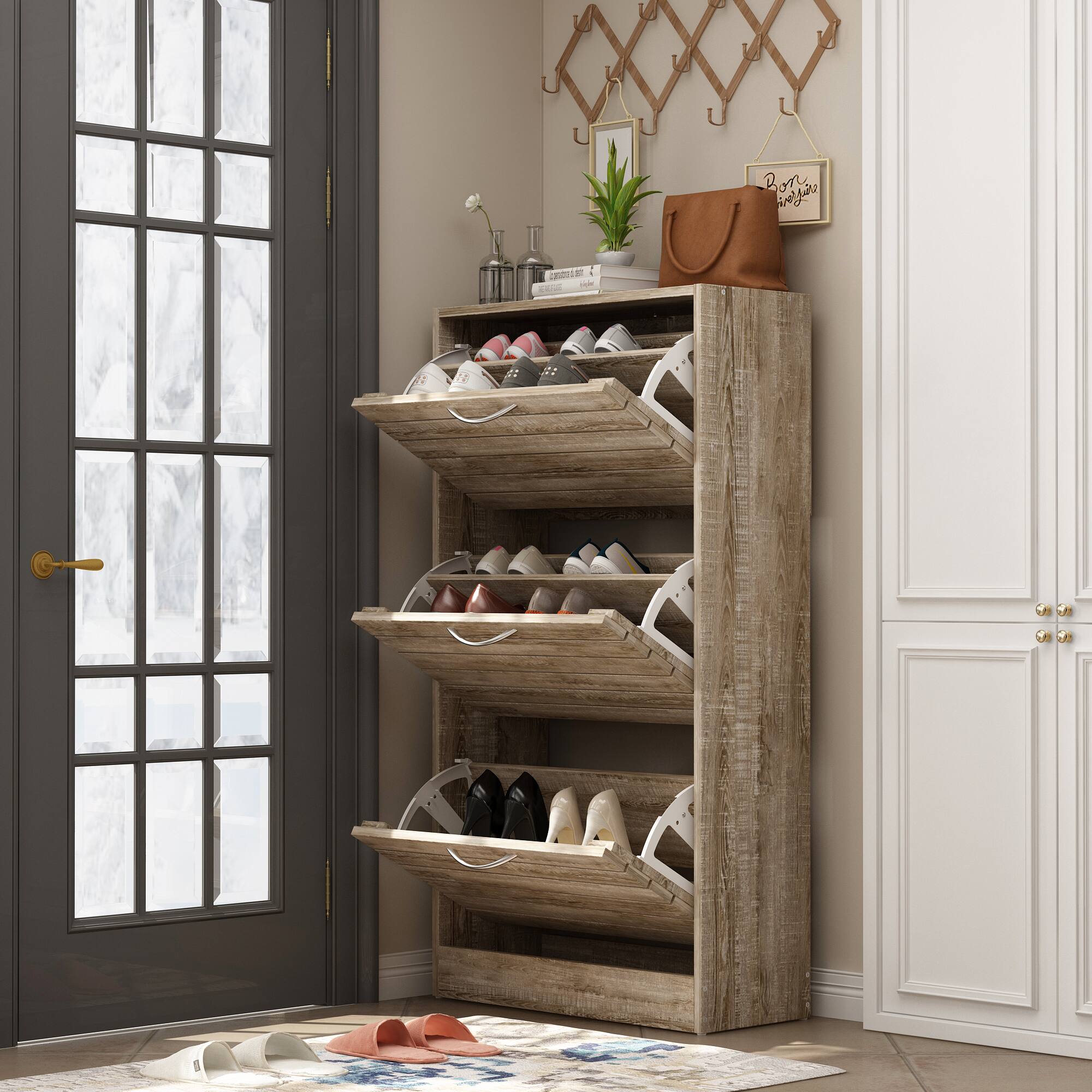 Alt View 1. Famapy - Famapy Rustic Wood Shoe Cabinet with 3 Flip - Down Drawers & Adjustable Shelves – Ideal for Entryway Organization - Wooden.