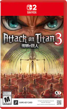 2 NINTENDO SWITCH Attack on Titan 3 MATURE 17+ JEUNES ADULTES 17+ M ESRB KT KOEI TECMO Full game download via internet GAME-KEY CARD required. See back. support.nintendo.com/switch2/gamekeycard - M (Mature 17+)