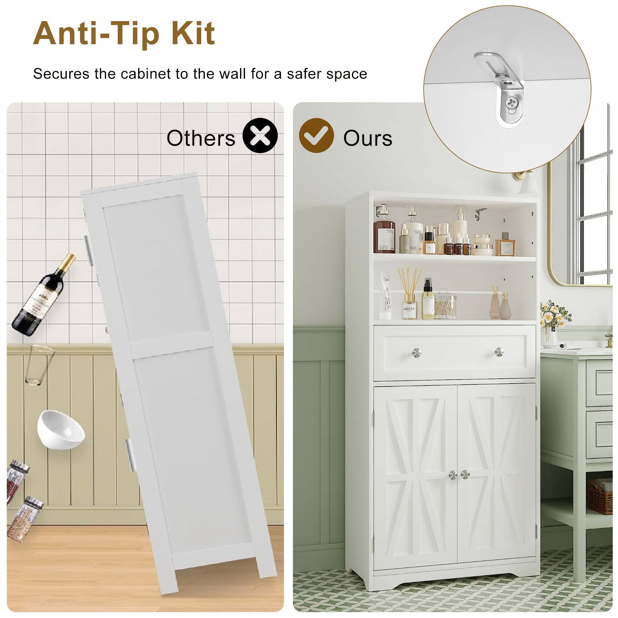 Anti-Tip Kit  
Secures the cabinet to the wall for a safer space  

Others ❌  
Ours ✅