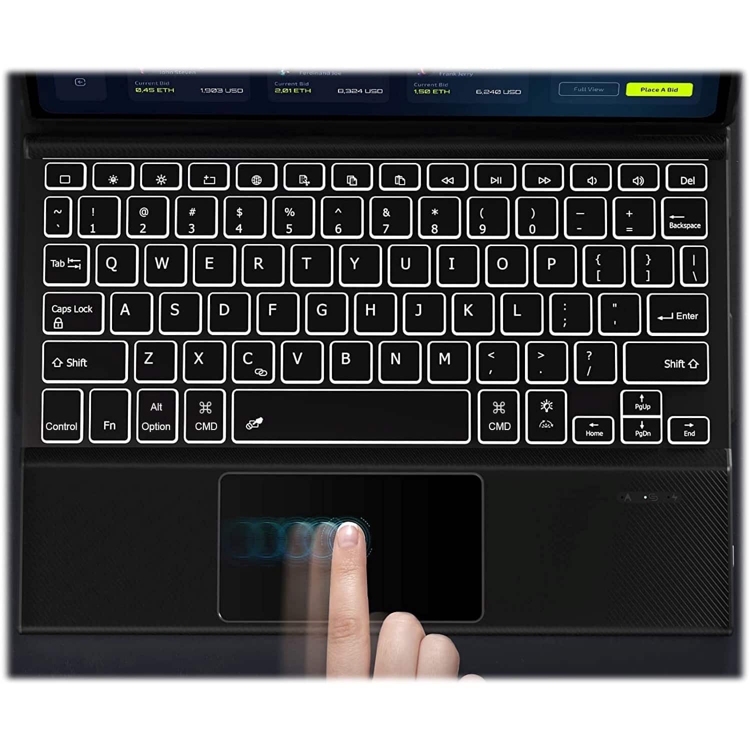 The text on the image is a keyboard layout, which is a diagram of the keys on a keyboard. The layout includes the letters, numbers, symbols, and function keys. The layout is designed to help users understand the positioning and arrangement of the keys on a keyboard.