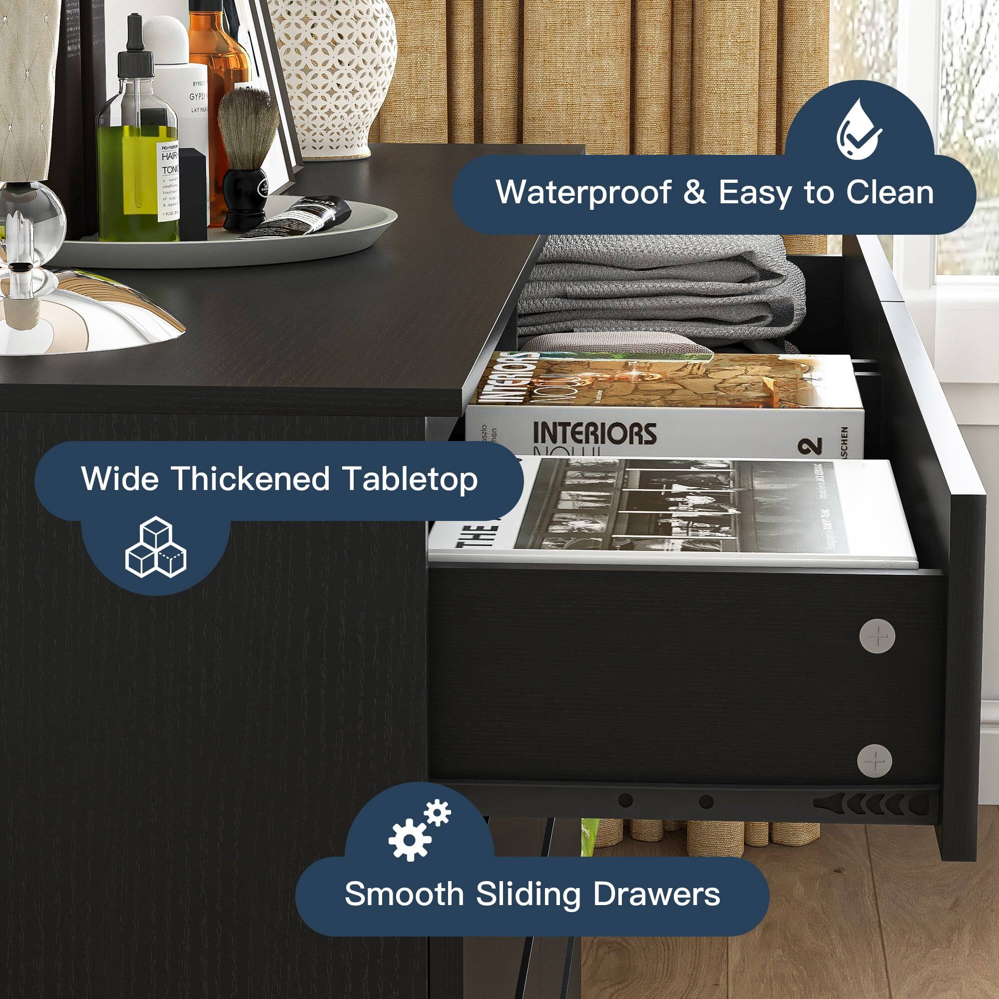 - Waterproof & Easy to Clean
- Wide Thickened Tabletop
- Smooth Sliding Drawers