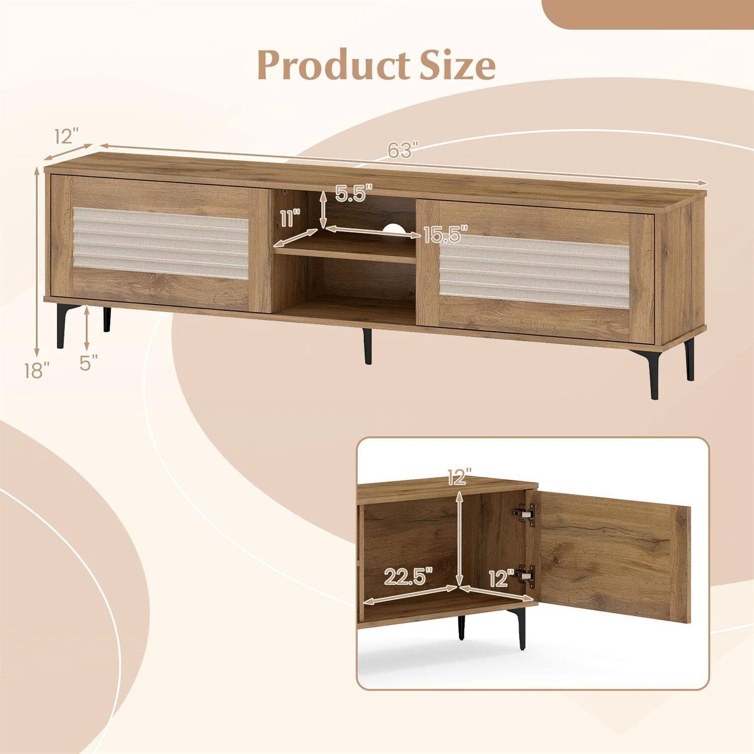 Product Size

- Length: 63"
- Height: 18"
- Depth: 15.5"
- Drawer Height: 5.5"
- Drawer Width: 11"
- Side Height: 12"
- Side Width: 5"
- Bottom Shelf Height: 5"
- Bottom Shelf Width: 22.5"
- Drawer Interior Width: 12"