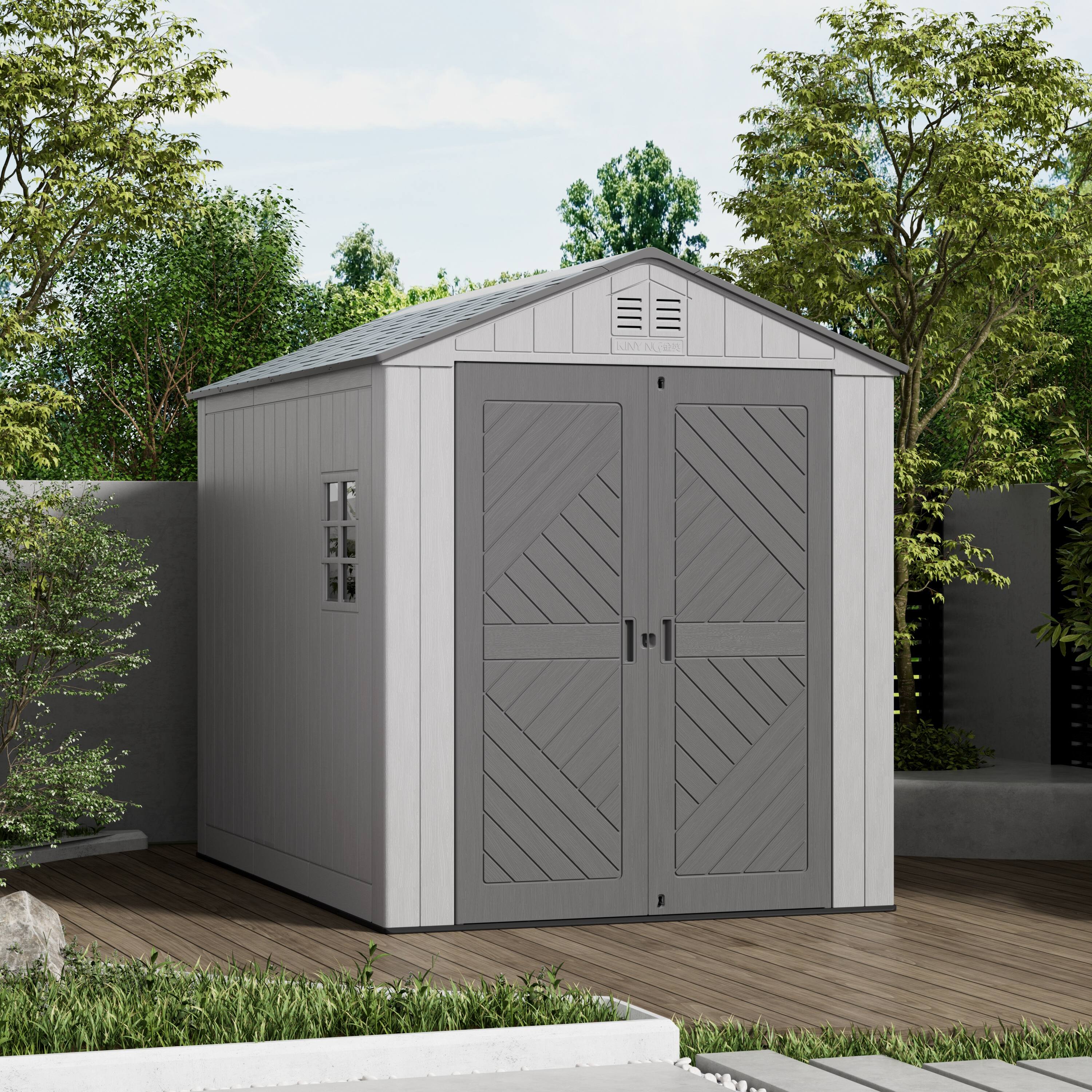 Angle. Yardgrace - 50 sq 6x9 ft. Outdoor Resin Storage Shed, Weatherproof Durable Tool Shed, Lockable with Floor and Window - Grey.