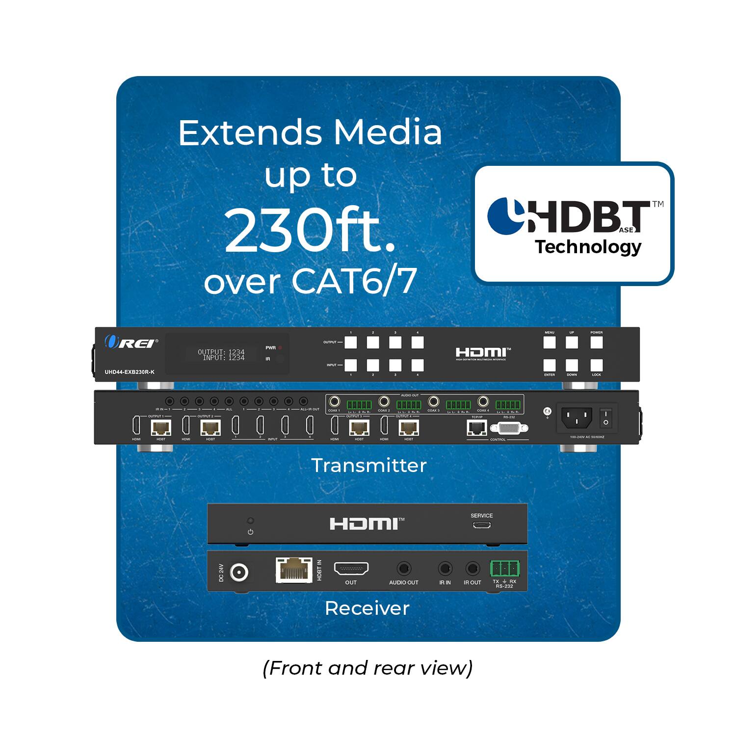 Extends Media up to 230ft. over CAT6/7  
HDBT™ Technology  
REI  
OUTPUT: 1234  
INPUT: 1234  
Transmitter - HDMI SLIMCE  
Receiver (Front and rear view)