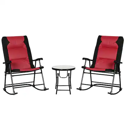 Front. Outsunny - 3 Piece Outdoor Patio Furniture Set with Glass Coffee Table & 2 Folding Padded Rocking Chairs - Red.