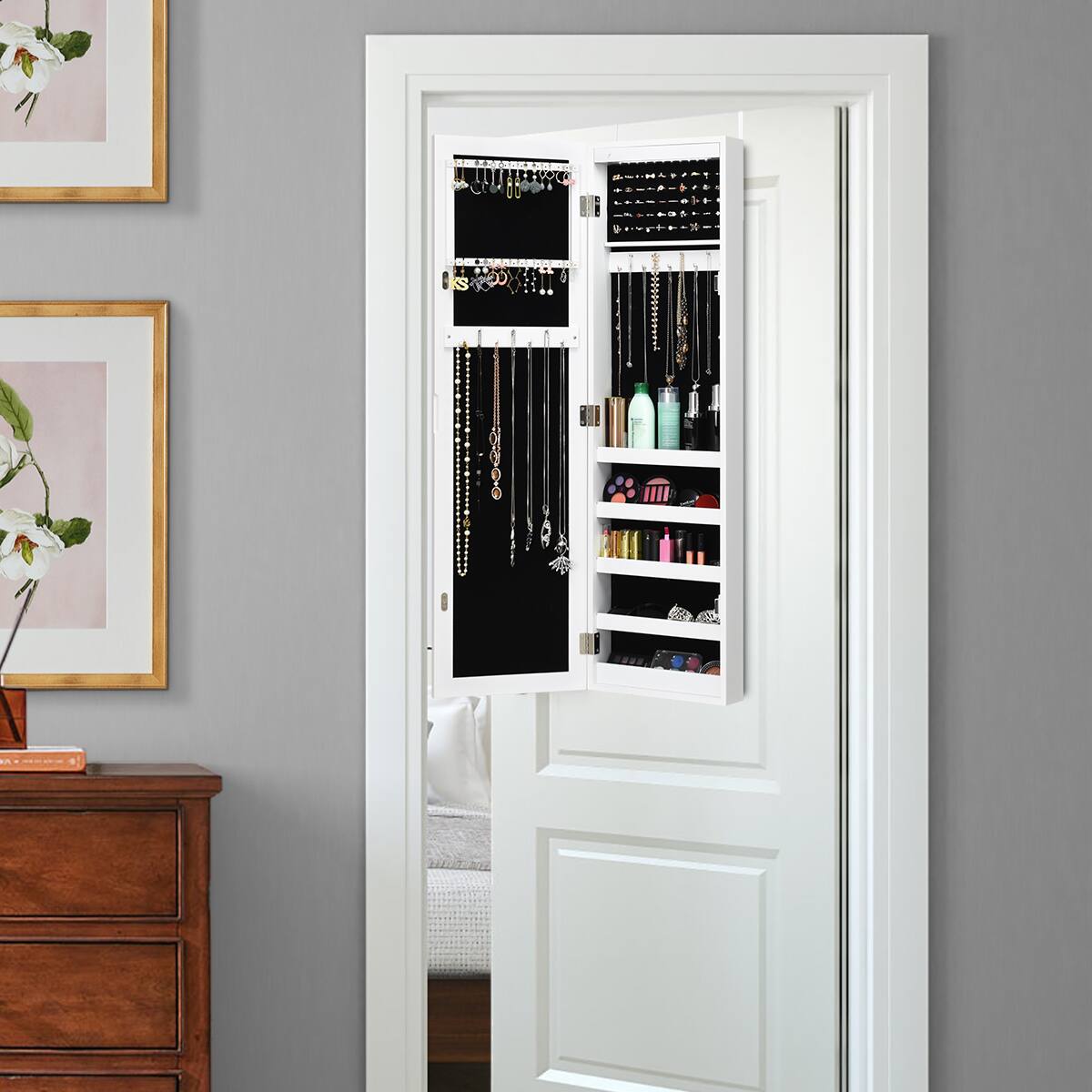 Alt View 16. Costway - Wall Door Mounted Mirrored Jewelry Cabinet Organizer Storage w/LED Light White - White.