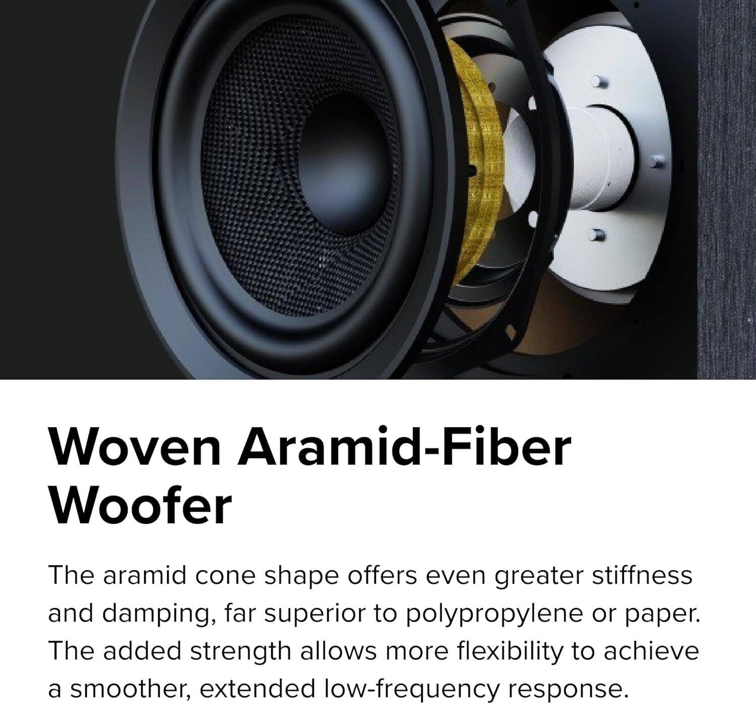 Woven Aramid-Fiber Woofer

The aramid cone shape offers even greater stiffness and damping, far superior to polypropylene or paper. The added strength allows more flexibility to achieve a smoother, extended low-frequency response.
