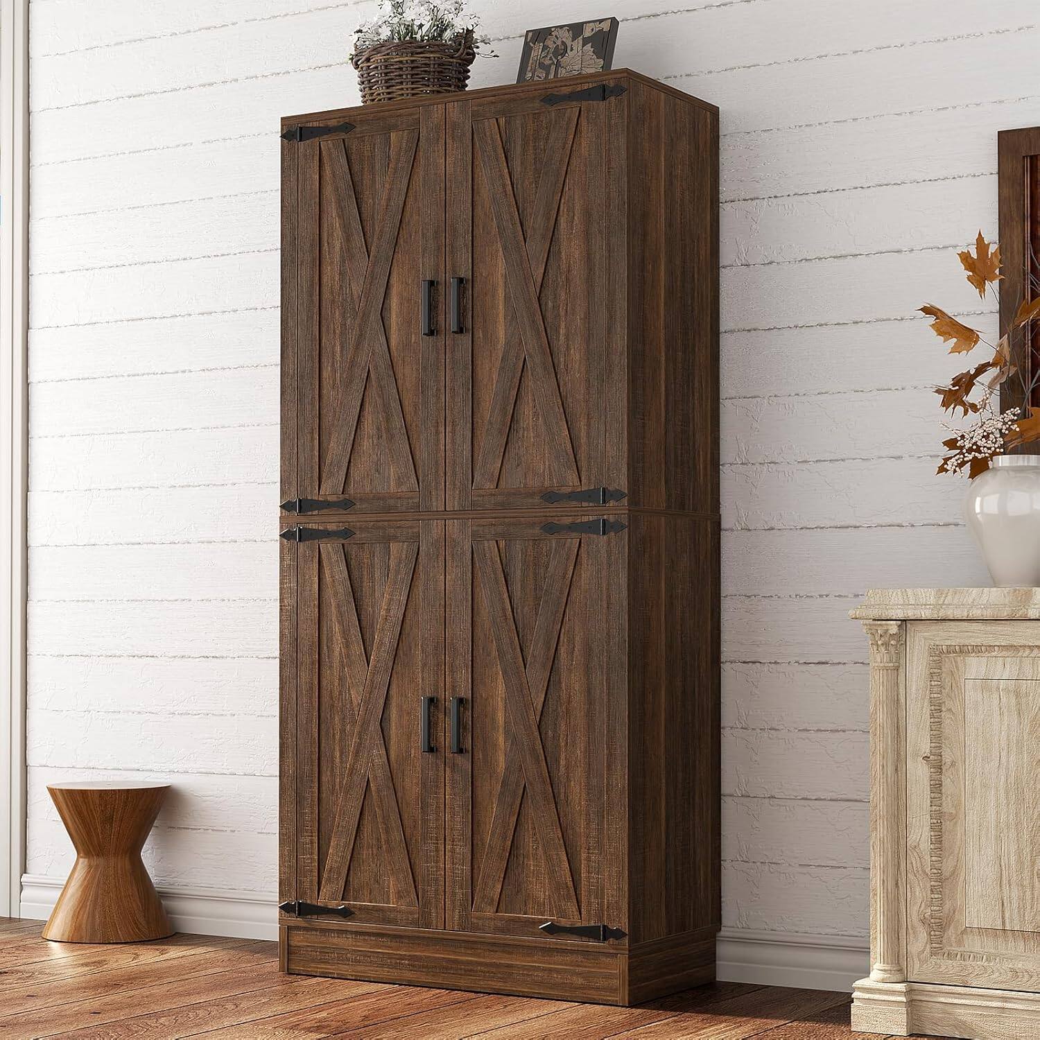 Angle. Aheaplus - 71'' Tall Farmhouse Pantry Storage Cabinet with 4 Barn Doors and Drawer, Cupboard with Adjustable Shelves - Retro Brown.