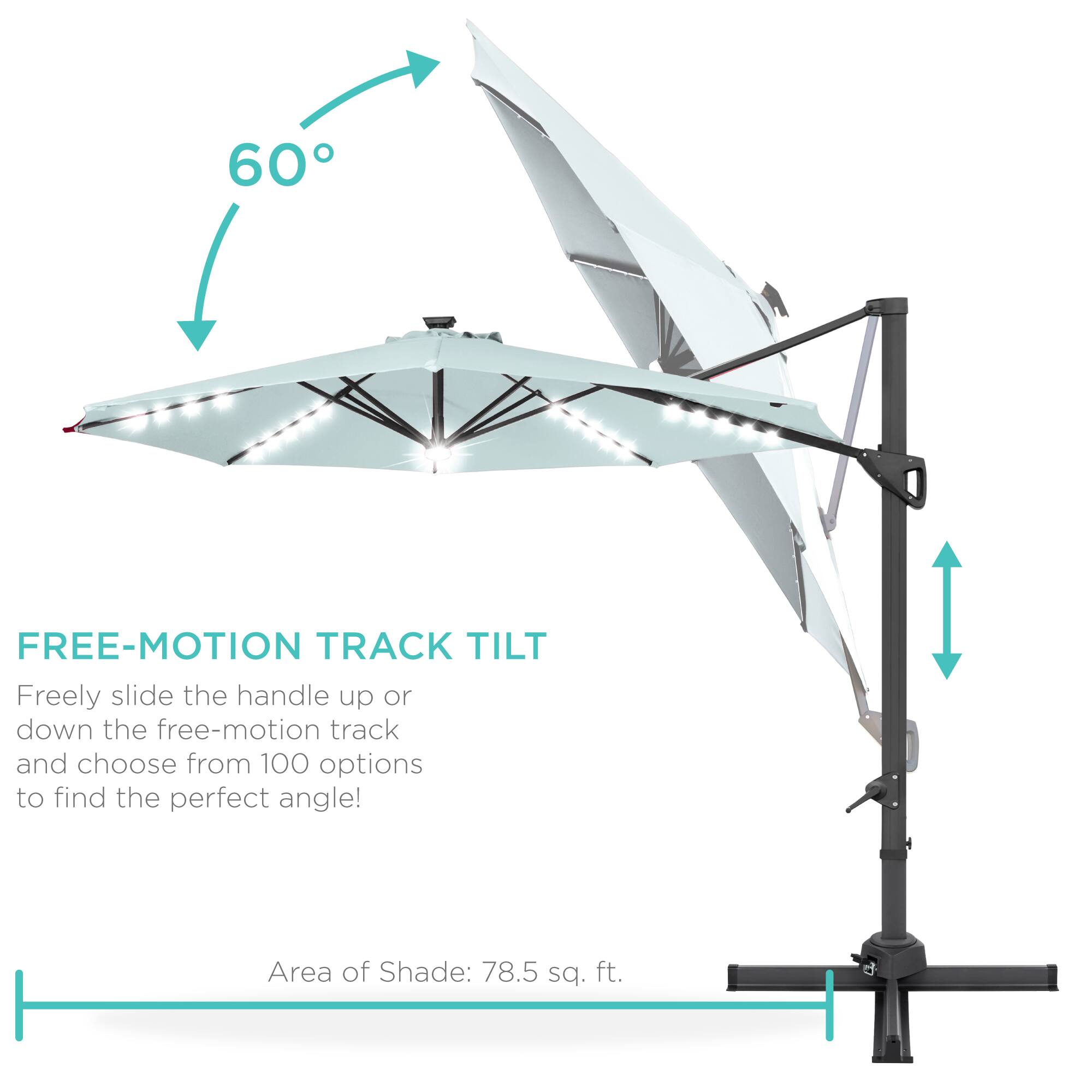 **FREE-MOTION TRACK TILT**

Freely slide the handle up or down the free-motion track and choose from 100 options to find the perfect angle!

Area of Shade: 78.5 sq. ft.