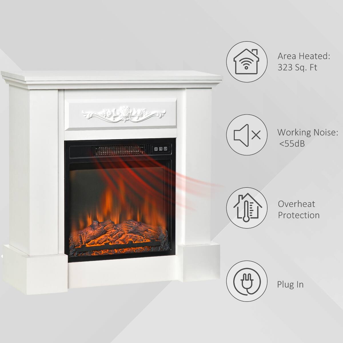 Area Heated: 323 Sq. Ft  
Working Noise: <55dB  
Overheat Protection  
Plug In