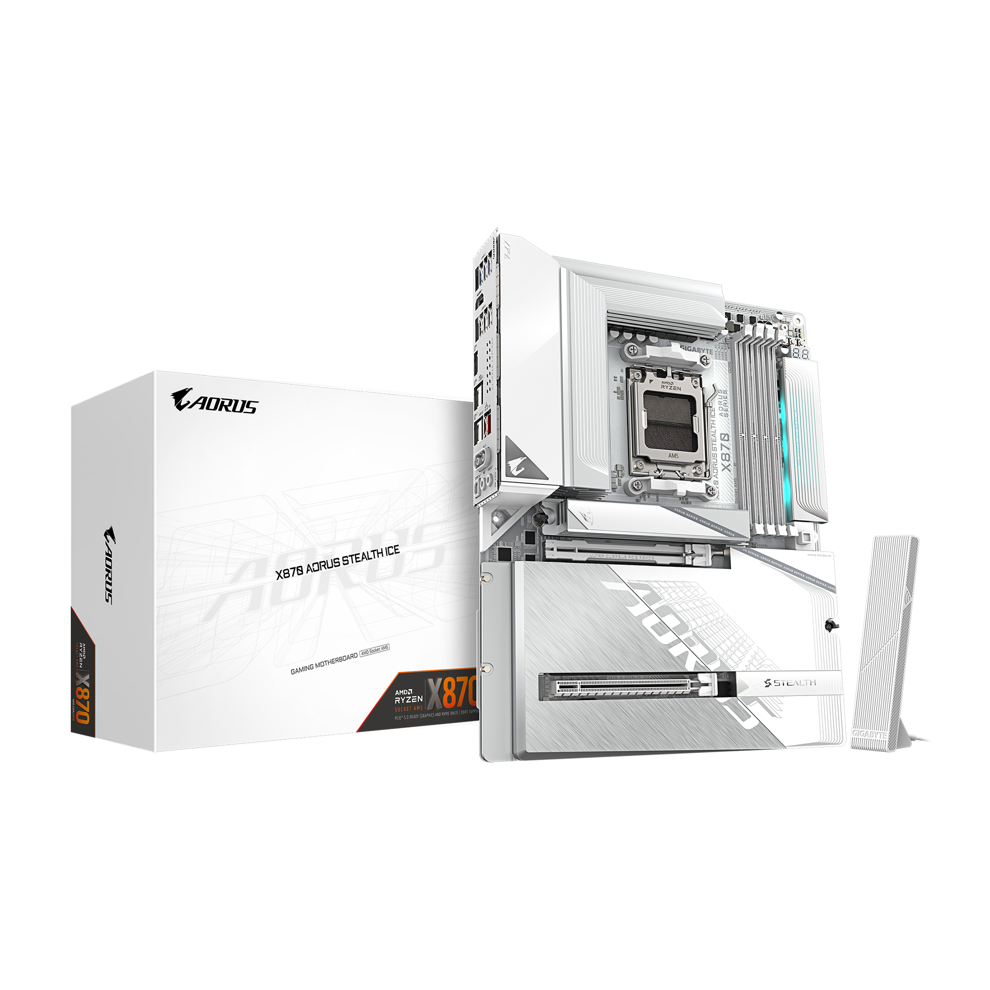 The image features a white box with the word "Aorus" written on it. The box contains a computer system, including a motherboard and a graphics card. The motherboard is a Gigabyte Aorus X870, and the graphics card is an Nvidia GeForce GTX 4005. The box also contains a CPU cooler and a power supply. The overall setup is designed for a high-performance gaming experience.