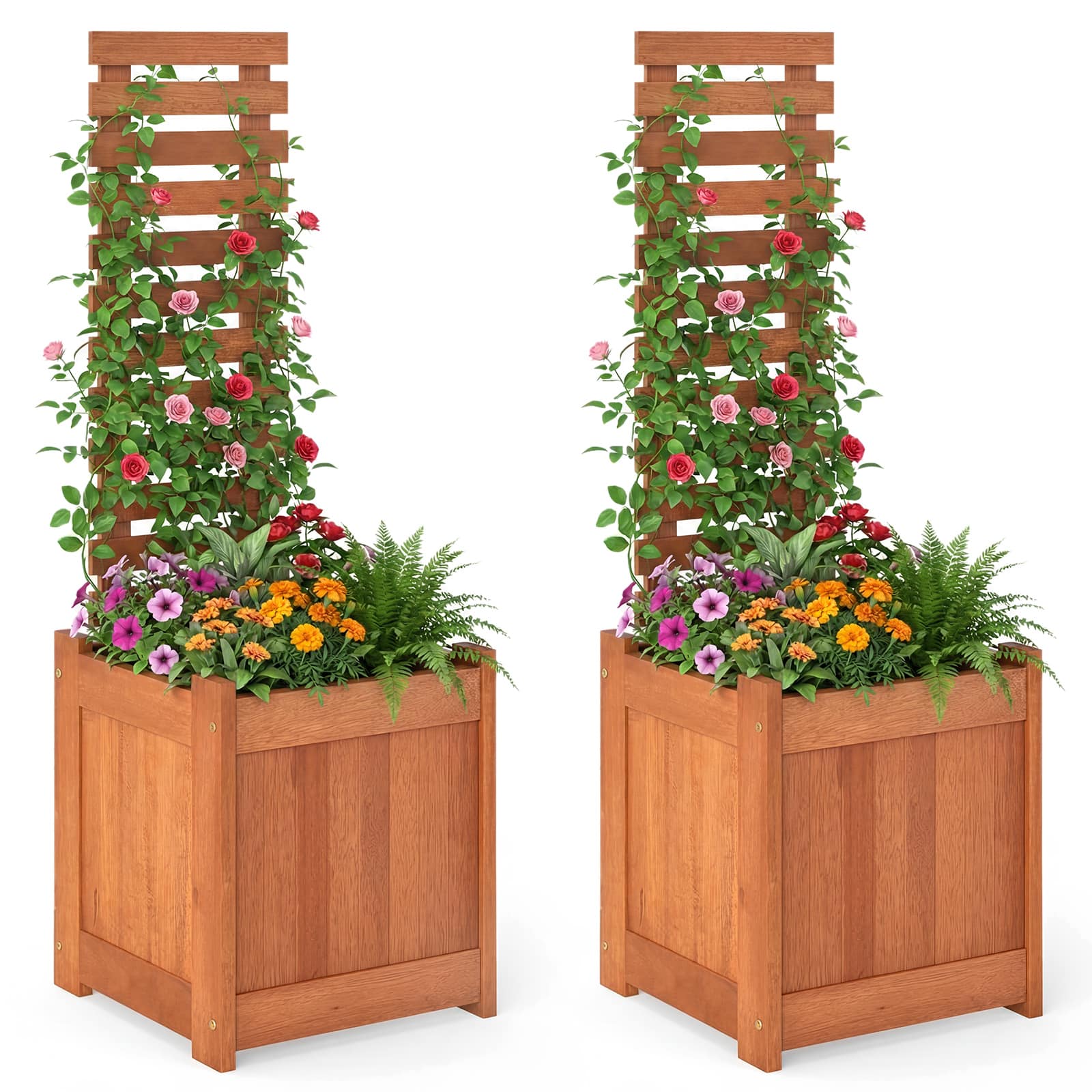 Costway - 2 PCS Wooden Raised Garden Bed Elevated Yard Planter Box with Trellis Open-Ended - Natural
