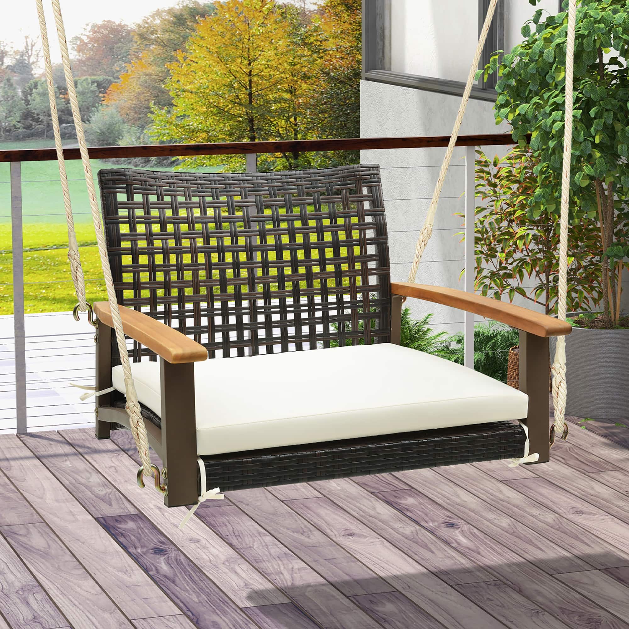 Gymax - Rattan Porch Swing Patio Wicker Single Hanging Seat w/ Seat Cushion & Acacia Wood Armrests - Mix Brown, White