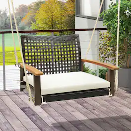 Gymax - Rattan Porch Swing Patio Wicker Single Hanging Seat w/ Seat Cushion & Acacia Wood Armrests - Mix Brown, White
