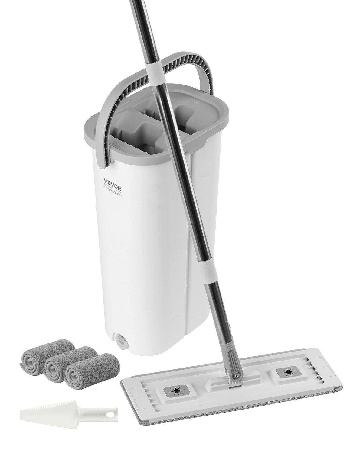 VEVOR - Mop and Bucket with Wringer Set, Wet & Dry Use, Flat Mop and Bucket System with 3 Washable Microfiber Pads - White;Gray