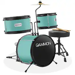 Gammon Percussion - 3pc Junior Drum Set - Beginner Kit with Throne - Cymbal - Drumsticks - Teal