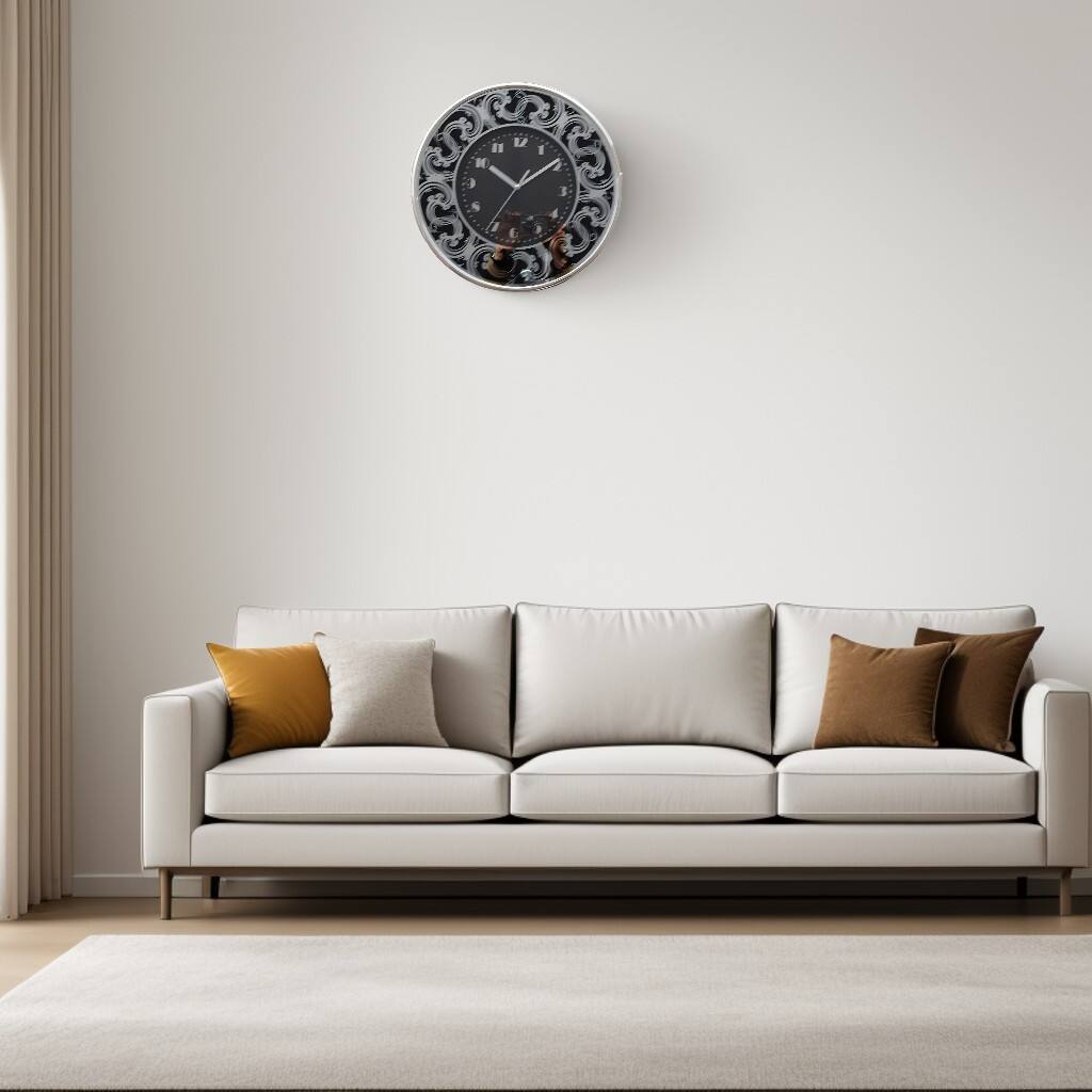 Angle. FC Design - 13.5"H Silver Black Elegant Filigree Wall Clock - Decorative Timepiece - Multicolor.