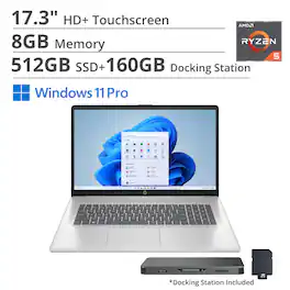 HP - 17.3" HD+ Touchscreen Laptop,Ryzen 5 7430U,8GB RAM,512GB SSD+160GB Dock Set,AMD Radeon GPU,Wi-Fi 6,Win 11 Pro - Silver