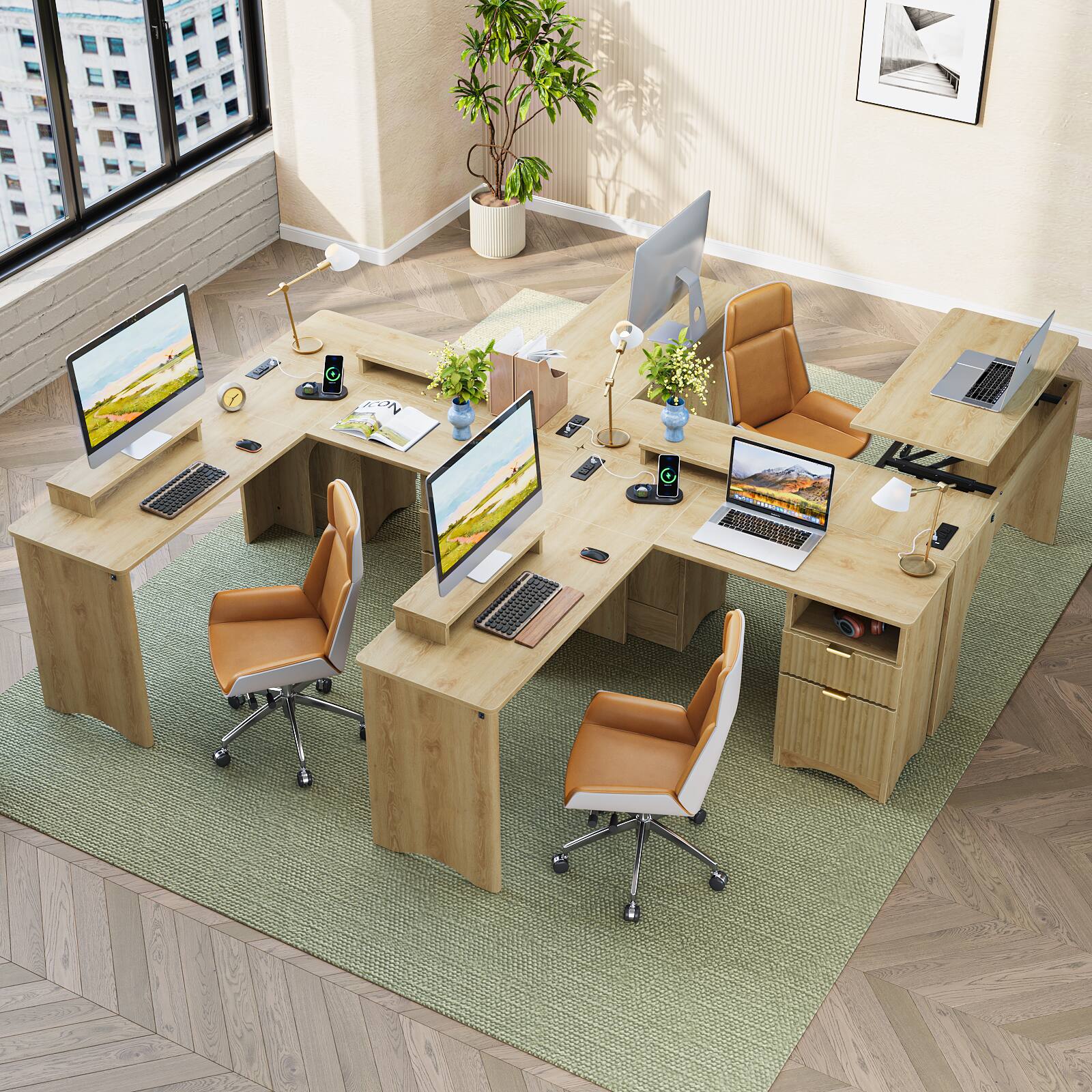 Alt View 1. Bestier - 55-inch L-Shaped Computer Desk with Lift Top, Modern Office Desk with Fluted Drawers & File Storage - Netual Oak.