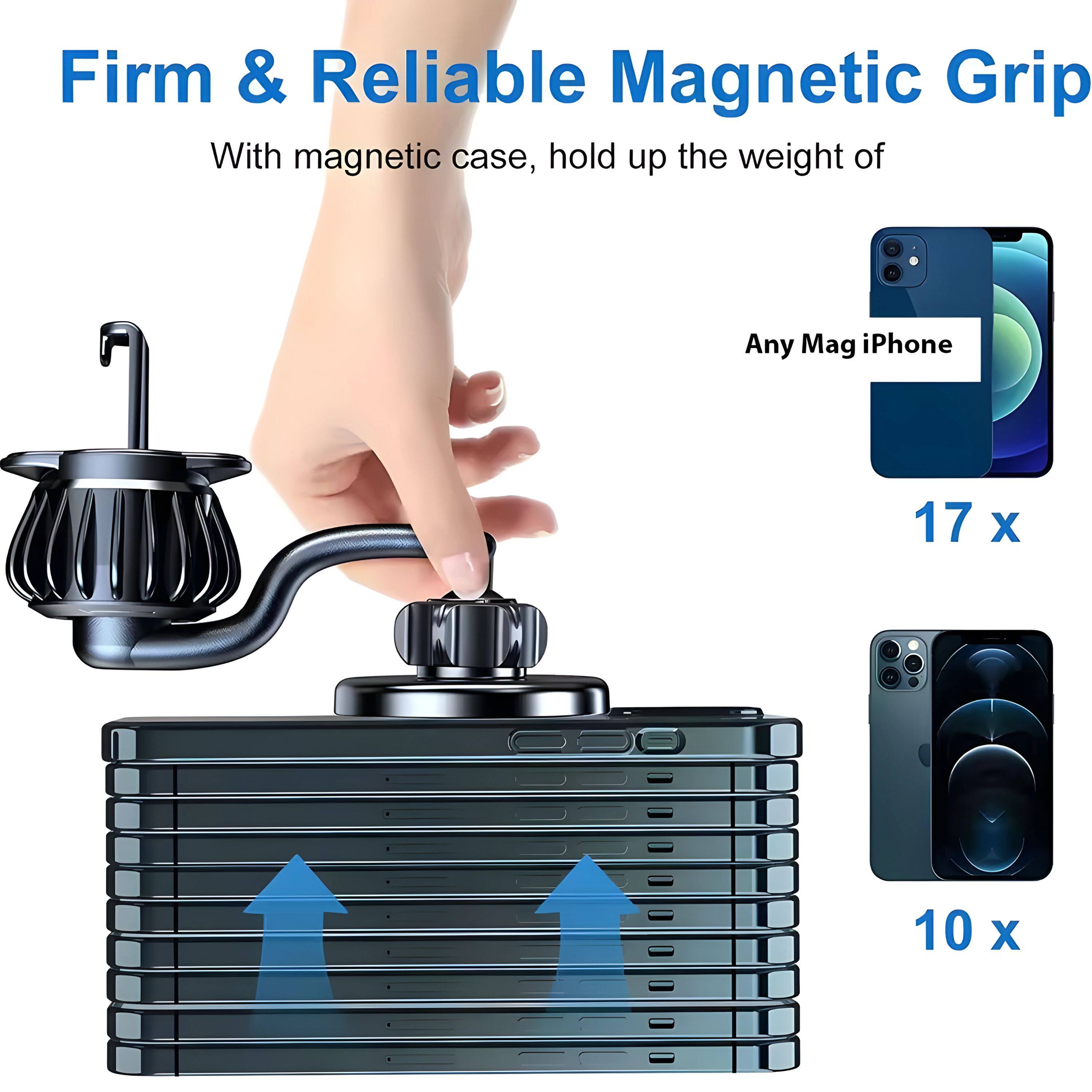 Firm & Reliable Magnetic Grip

With magnetic case, hold up the weight of

Any Mag iPhone

17 x

10 x