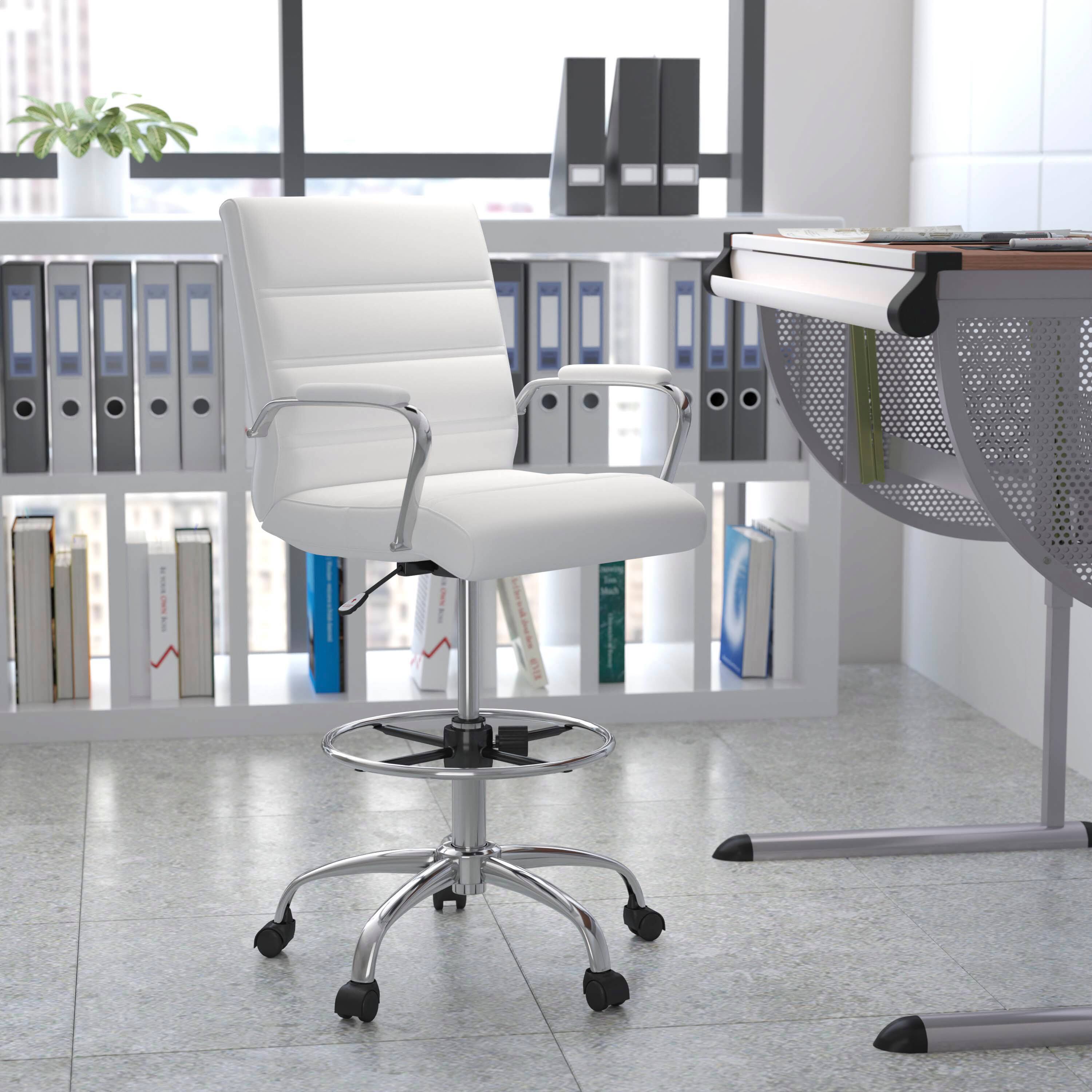 Alt View 1. Emma + Oliver - Mid-Back LeatherSoft Drafting Chair with Adjustable Foot Ring and Chrome Base - White.