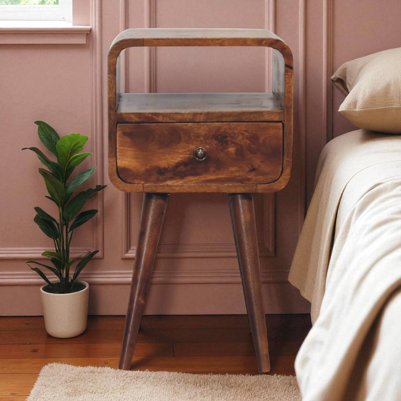 Angle. Artisan Furniture - Artisan Furniture Solid Wood Mini Chestnut Curve Open Nightstand, 1 Drawer, 1 Open Storage, Nordic legs, Brown - Chestnut.