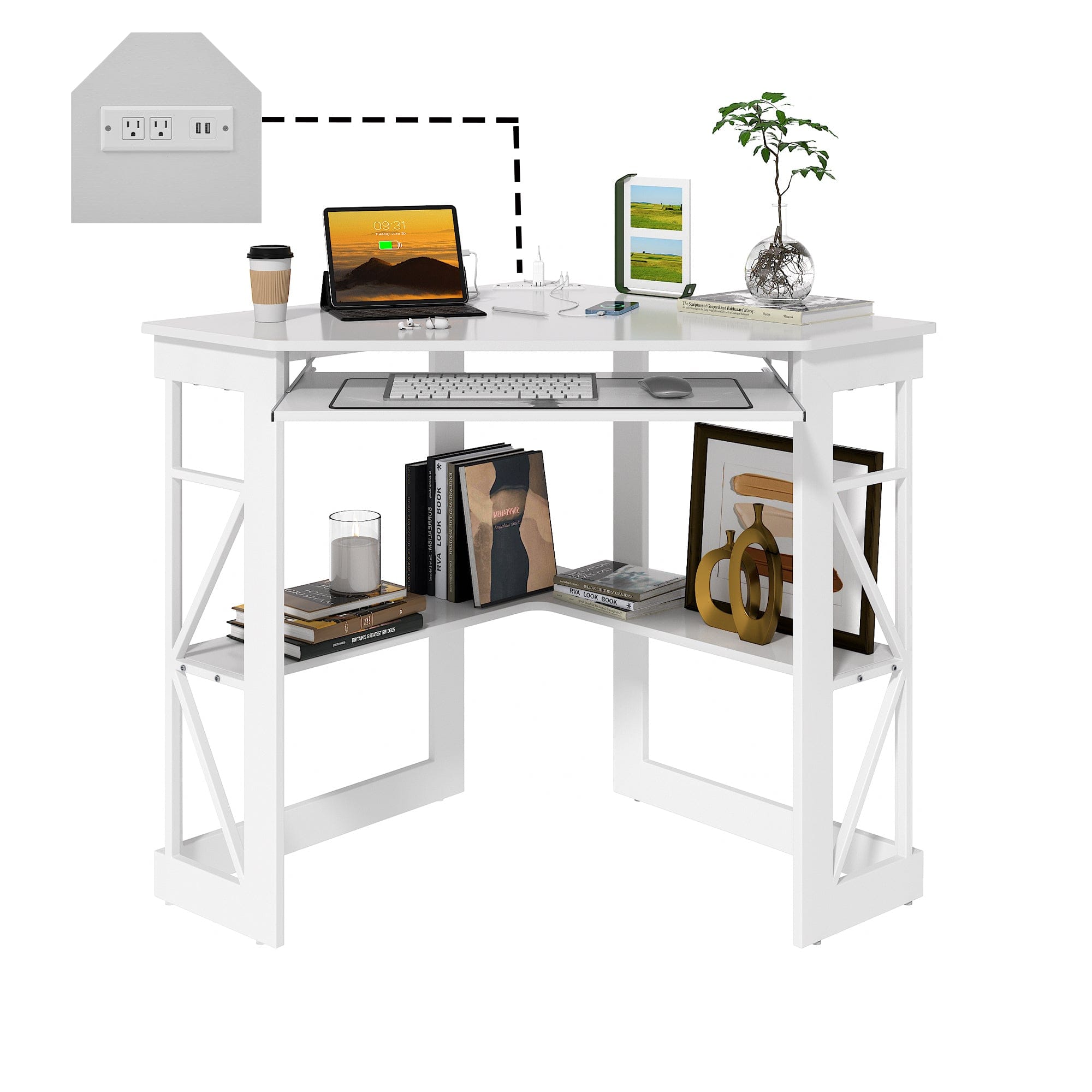 Vecelo - 41" Corner Computer Desk with Keyboard Tray & Storage Shelf - Triangle Space Saving Design, Metal Frame for Home Office - White with socket