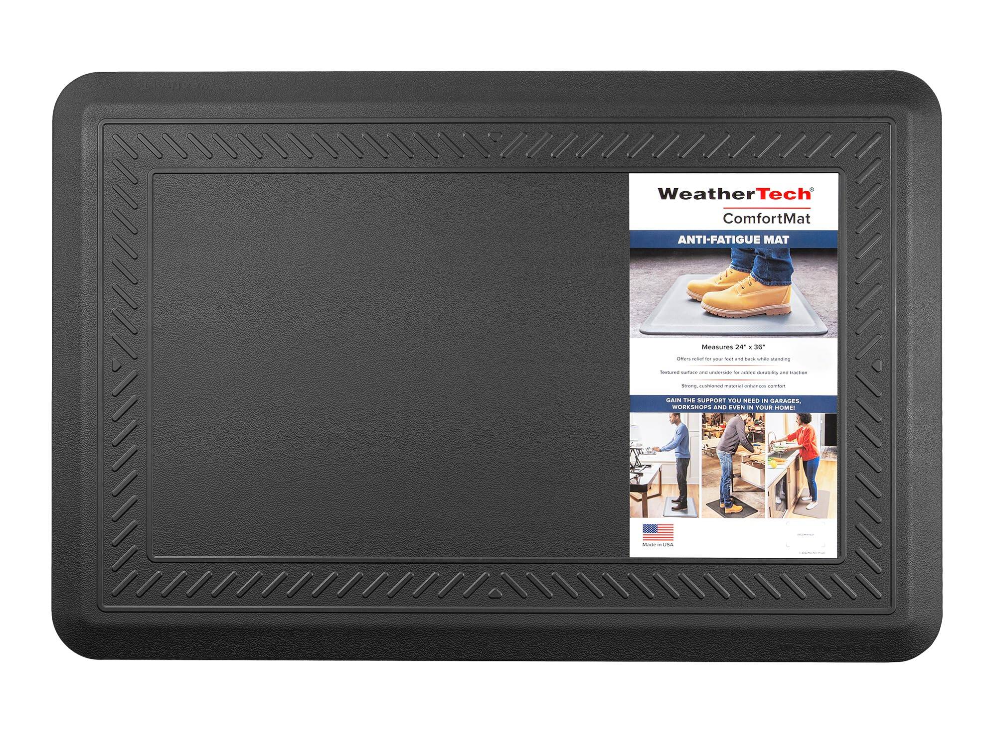 WeatherTech ComfortMat  
ANTI-FATIGUE MAT  
Measures 24" x 36"  
Calhoria mediert MA ander news - DOCK - stamstimp  
Textured survey.com - underies show sated survisity - CONCOMICIENCE  
bloong, - musterial empances comment  
DAIN THE SUPPORT YOU NEED IN GARAGES, WORKSHOPS AND EVEN IN YOUR HOME!  
Made in USA