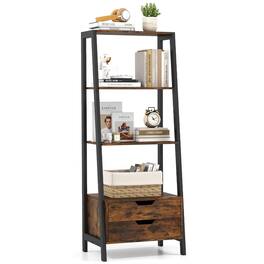 Pefilos - 4-Tier Ladder Shelf - 52.5-Inch Heavy-Duty Anti-Tip, 2 Drawers, Freestanding Bookcase, Rustic - Brown