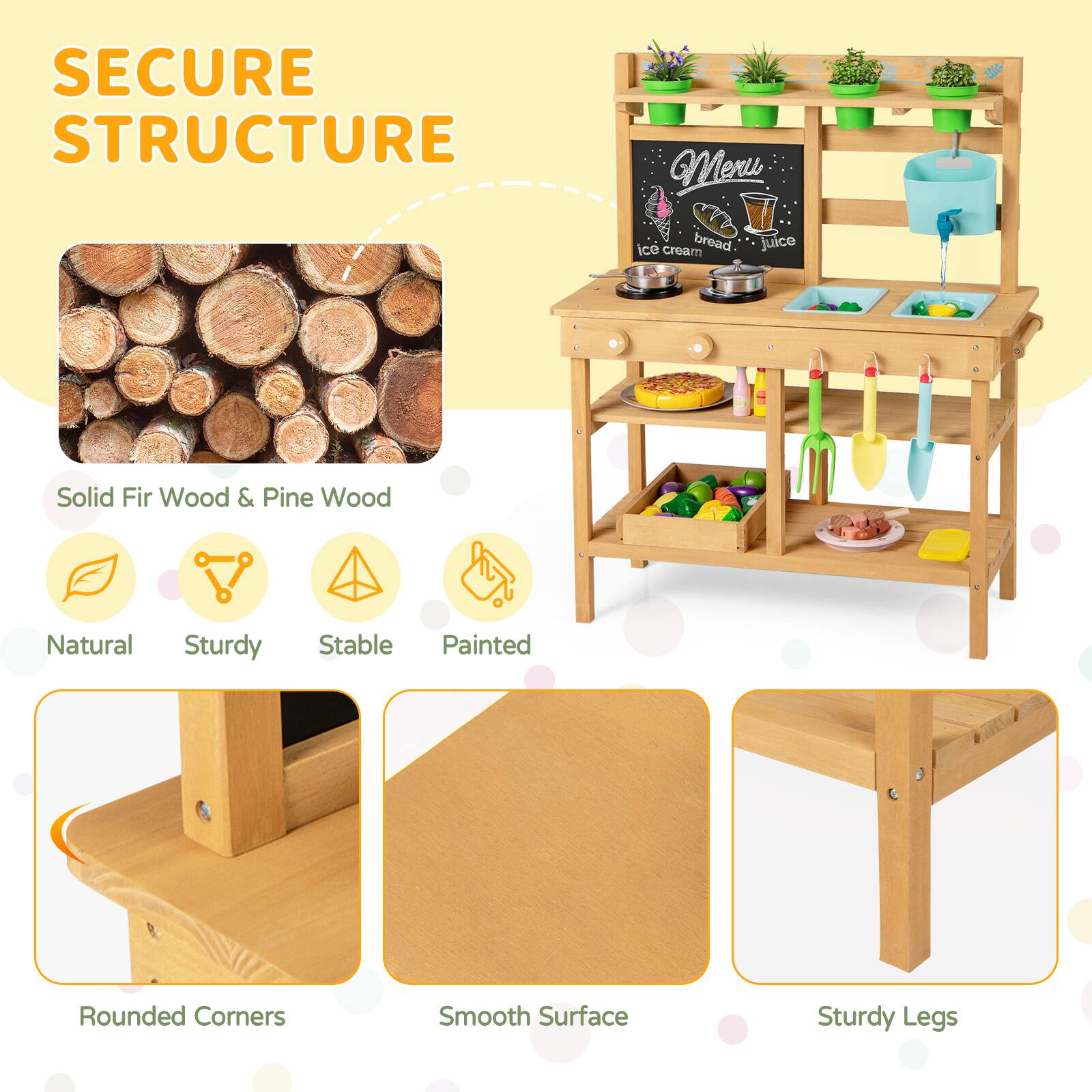 SECURE STRUCTURE

- Solid Fir Wood & Pine Wood
- Natural
- Sturdy
- Stable
- Painted
- Rounded Corners
- Smooth Surface
- Sturdy Legs