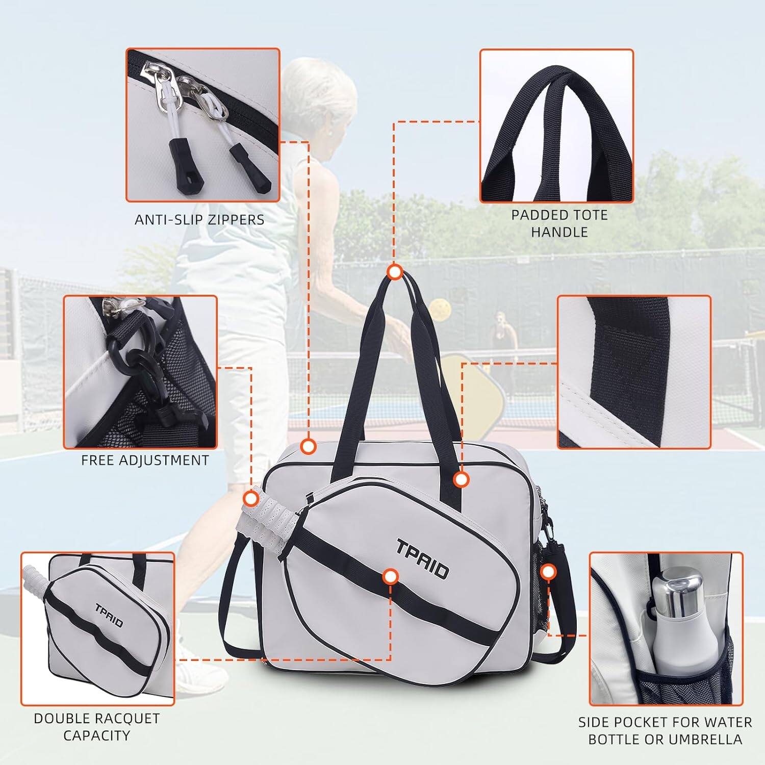- Anti-slip zippers
- Padded tote handle
- Free adjustment
- Double racquet capacity
- Side pocket for water bottle or umbrella