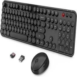 MOSZAR LLC - Wireless Keyboard and Mouse Combo, Ergonomic Full Size Typewriter Retro Round - Black