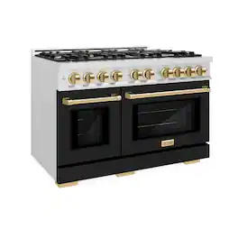 ZLINE - Autograph 48 in. 6.7 cu. ft. Freestanding Select Satin Steel Gas Range w/ Black Doors & Gold Accents - Satin Stainless Steel